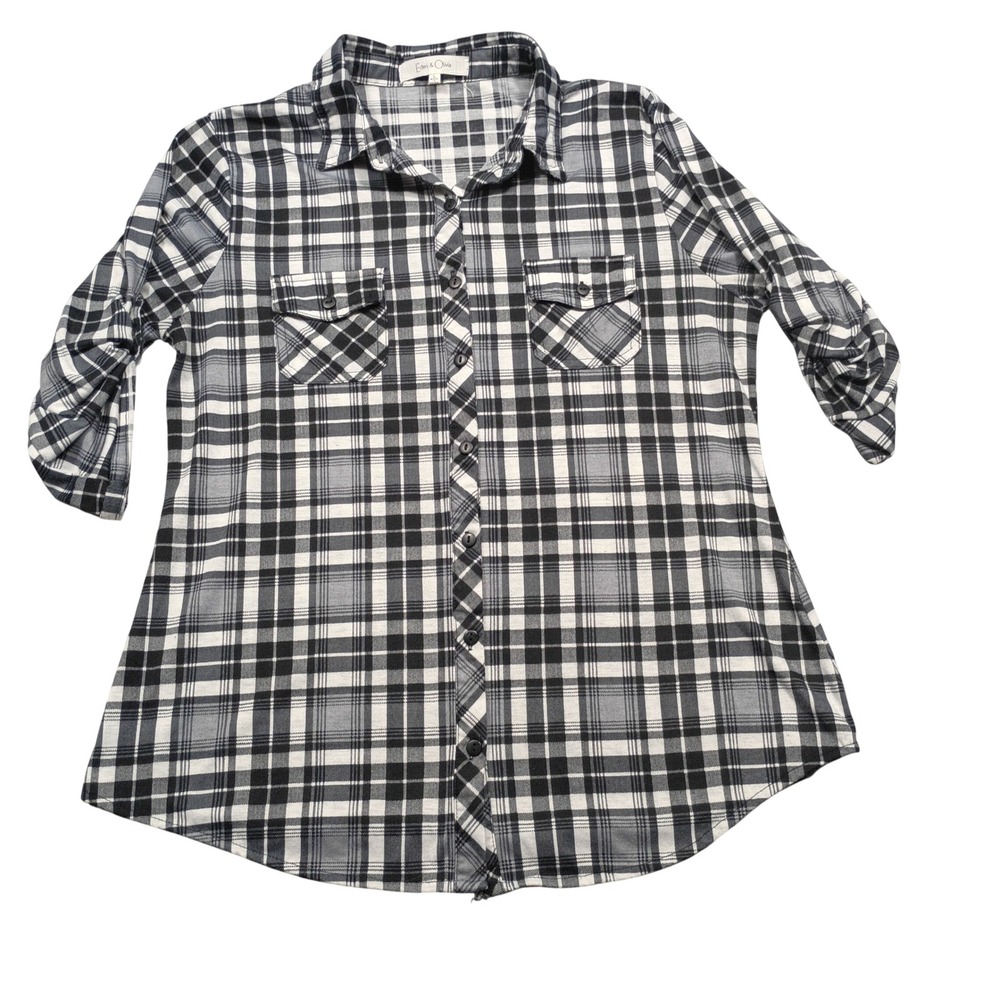 Eden & Olivia Button Down Womens L Roll Tab Plaid Black White Top Blouse 1005